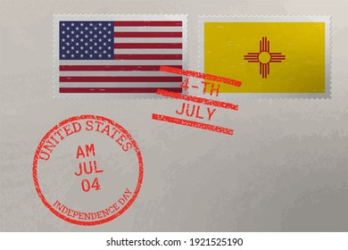 Postage stamp envelope with New Mexico and USA flag and 4-th July stamps, vector