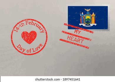 Postage stamp envelope with New York USA flag and Valentine s Day stamps, vector