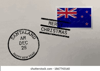 Postage stamp envelope with New Zealand flag, Christmas and New Year stamps, vector