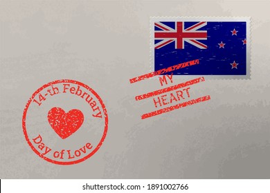 Postage stamp envelope with New Zealand flag and Valentine s Day stamps, vector