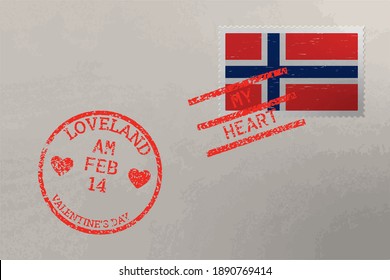 Postage stamp envelope with Norway flag and Valentine s Day stamps, vector