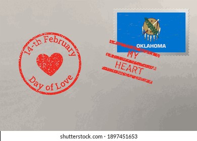 Postage stamp envelope with Oklahoma USA flag and Valentine s Day stamps, vector