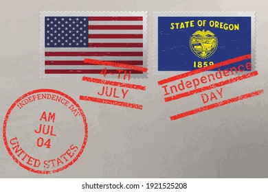 Postage stamp envelope with Oregon and USA flag and 4-th July stamps, vector