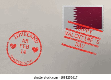 Postage stamp envelope with Qatar flag and Valentine s Day stamps, vector