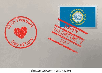 Postage stamp envelope with South Dakota USA flag and Valentine s Day stamps, vector