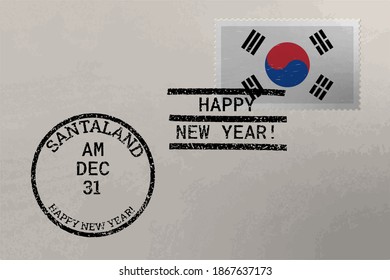 Postage stamp envelope with South Korea flag and New Year stamps, vector image