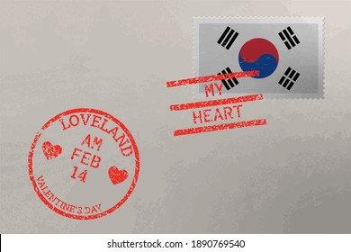Postage stamp envelope with South Korea flag and Valentine s Day stamps, vector