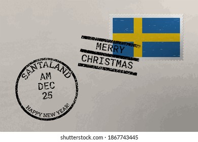 Postage stamp envelope with Sweden flag, Christmas and New Year stamps, vector