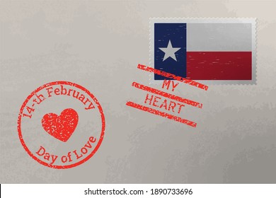 Postage stamp envelope with Texas US flag and Valentines Day stamps, vector