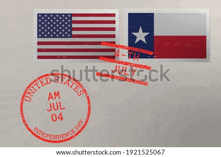 Postage stamp envelope with Texas and USA flag and 4-th July stamps, vector