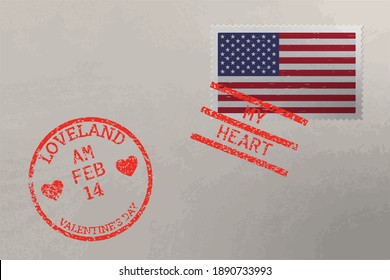 Postage stamp envelope with USA flag and Valentine's Day stamps, vector