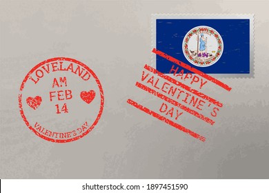 Briefmarkenumschlag mit Virginia USA Flagge und Valentinstag-Briefmarken, Vektorgrafik