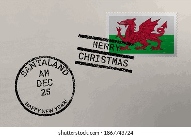 Postage stamp envelope with Wales flag, Christmas and New Year stamps, vector