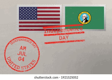 Postage stamp envelope with Washington and USA flag and 4-th July stamps, vector