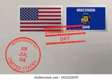 Postage stamp envelope with Wisconsin and USA flag and 4-th July stamps, vector