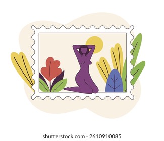 Postage stamp featuring abstract female body silhouette in Henri Matisse style, minimal flat vector with perforated edge