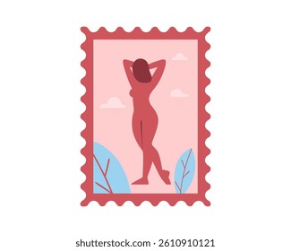 Postage stamp featuring abstract female body silhouette in Henri Matisse style, minimal flat vector with perforated edge
