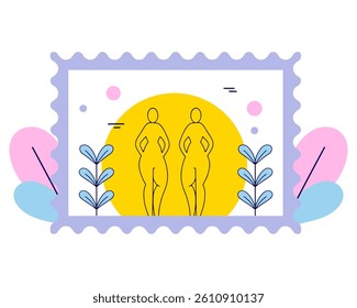 Postage stamp featuring abstract female body silhouette in Henri Matisse style, minimal flat vector with perforated edge