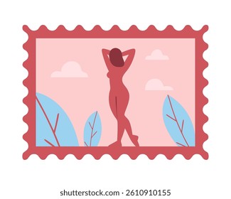 Postage stamp featuring abstract female body silhouette in Henri Matisse style, minimal flat vector with perforated edge