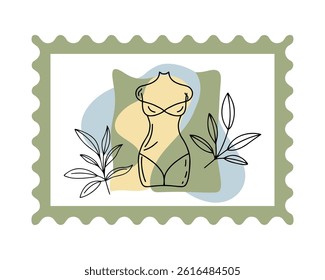 Postage stamp featuring abstract female body silhouette in Henri Matisse style, minimal flat vector with perforated edge