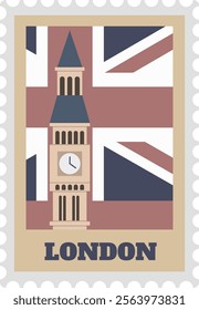 Postage stamp featuring Big Ben over Union Jack flag celebrating London and United Kingdom, perfect for travel and tourism marketing campaigns