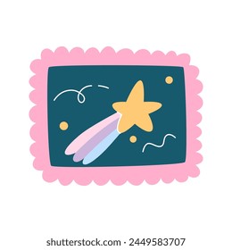 A postage stamp featuring a flying comet. Template for scrapbooking, wrapping, notebooks, diary.