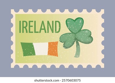 Postage stamp featuring a green shamrock and Ireland flag on a textured light background. Decorative illustration celebrating Irish culture. Vector illustration