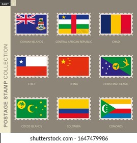 Postage stamp with flag, collection of 9 flag: Cayman Islands, Central African Republic, Chad, Chile, China, Christmas Island, Cocos Islands, Colombia, Comoros