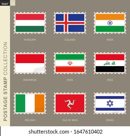 Postage stamp with flag, collection of 9 flag: Hungary, Iceland, India, Indonesia, Iran, Iraq, Ireland, Isle of Man, Israel