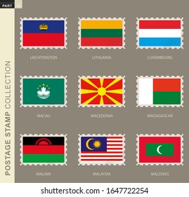 Postage stamp with flag, collection of 9 flag: Liechtenstein, Lithuania, Luxembourg, Macau, Macedonia, Madagascar, Malawi, Malaysia, Maldives