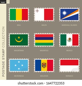 Postage stamp with flag, collection of 9 flag: Mali, Malta, Marshall Islands, Mauritania, Mauritius, Mexico, Micronesia, Moldova, Monaco
