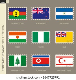 Postage stamp with flag, collection of 9 flag: New Caledonia, New Zealand, Nicaragua, Niger, Nigeria, Niue, Norfolk Island, North Korea, Northern Cyprus