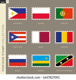 Sello postal con bandera, colección de 9 marcas: Filipinas, Polonia, Portugal, Puerto Rico, Qatar, Rumania, Rusia, Rwanda, Saint Kitts y Nevis