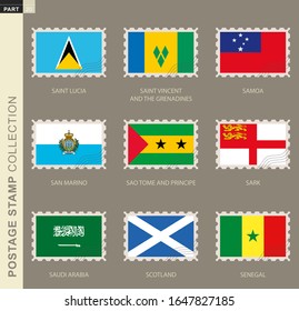 Postage stamp with flag, collection of 9 flag: Saint Lucia, Saint Vincent and the Grenadines, Samoa, San Marino, Sao Tome and Principe, Sark, Saudi Arabia, Scotland, Senegal