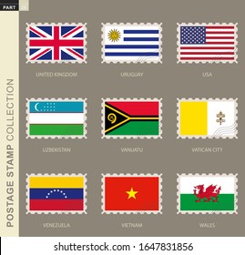 Postage stamp with flag, collection of 9 flag: United Kingdom, Uruguay, USA, Uzbekistan, Vanuatu, Vatican City, Venezuela, Vietnam, Wales