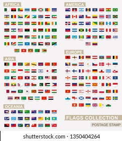 Postage stamp with flags of the world. Set of 228 world flag. Vector Illustration.