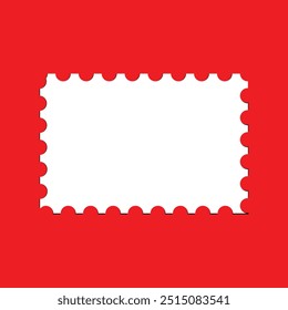 Carimbo postal. Modelo de borda vazio para cartões-postais e cartas. Ilustração vetorial isolada no plano de fundo vermelho. Retângulo em branco e selo postal quadrado com borda perfurada. Arquivo Eps 48.