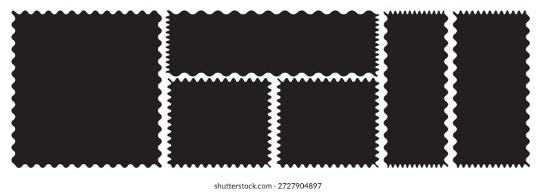  Postage Stamp Frame Set. Collection of empty postage stamp frames with perforated edges, outlines on white, ideal for mockups, templates, and vintage design concepts.