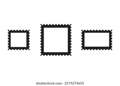 Postage stamp frames. Black border vector. Square rectangular designs. Simple isolated graphic.