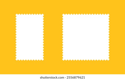 Postage stamp frames. Empty borders, backdrops for postcards, letters. White rectangular vintage stamps. Tags, labels, coupons, boxes with curvy, wiggly, wavy perforated edges.