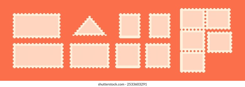 Postage stamp frames set. Black with Jagged wavy edge forms. Template for mail, postcard, letter. Vector illustration