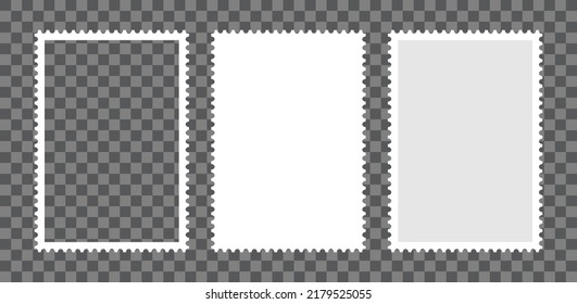 Postage stamp frames set. Empty border template for postcards and letters. Blank rectangle and square postage stamps with perforated edge. Vector illustration isolated on transparent background.