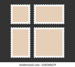 Postage stamp frames set. Empty border template for postcards and letters. Blank rectangle and square vintage postage stamps with perforated edge. Vector illustration isolated on white background.