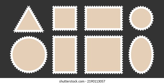 Postage stamp frames set. Empty border template for postcards and letters. Blank rectangle and square vintage postage stamps with perforated edge. Vector illustration isolated on white background.