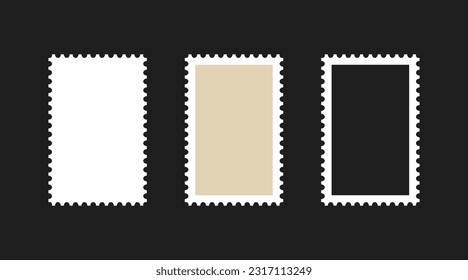 Postage stamp frames set. Empty border template for postcards and letters. Blank rectangle and square vintage postage stamps with perforated edge. Vector illustration isolated on black background.