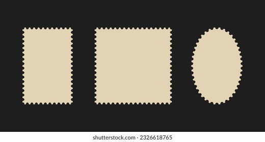 Postage stamp frames set. Empty border template for postcards and letters. Blank rectangle and square vintage postage stamps with perforated edge. Vector illustration isolated on black background.