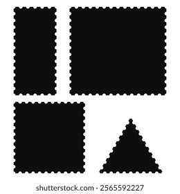 Postage stamp frames set. Empty border template for postcards and letters. Blank rectangle and square vintage postage stamps with perforated edge.