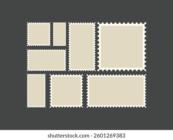 Postage stamp frames set. Empty border template for postcards and letters. Blank rectangle and square vintage postage stamps with perforated edge. Vector illustration isolated on black background.