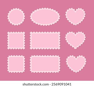 Postage stamp frames set. Geometric shapes and hearts with perforated edges. Valentine's day decorative elements for advent calendar.