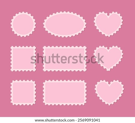 Postage stamp frames set. Geometric shapes and hearts with perforated edges. Valentine's day decorative elements for advent calendar.